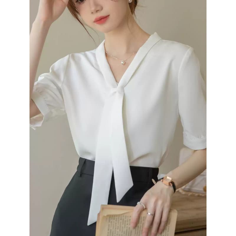 Summer White Blouse Women Short Sleeve Tie Chiffon Top Teaching Interview Formal Suit Women Professional Set Mid Sleeve Shirt