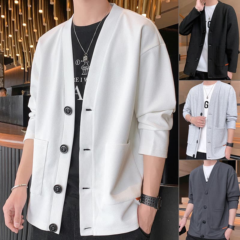 Cross-border Trade Waffle Knit Solid Color Cardigan Men's Jacket, Korean Style Hoodie with 3D Patch Pockets and Single-Breasted Trench Coat Top