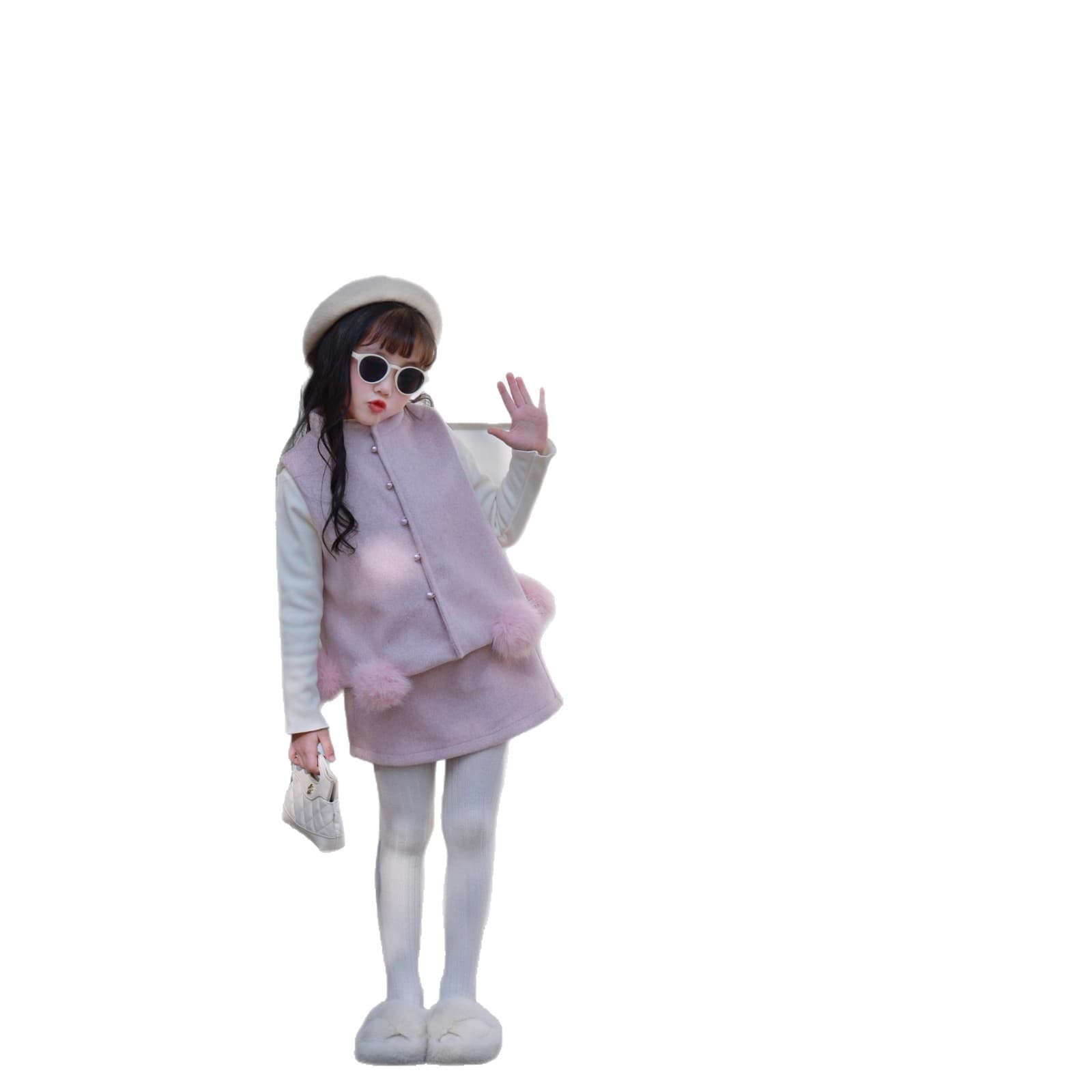 Fun Matching Mother-Daughter Outfit Pink Plush Woolen Vest Set with Fox Fur Pom Pom Vest and Skirt