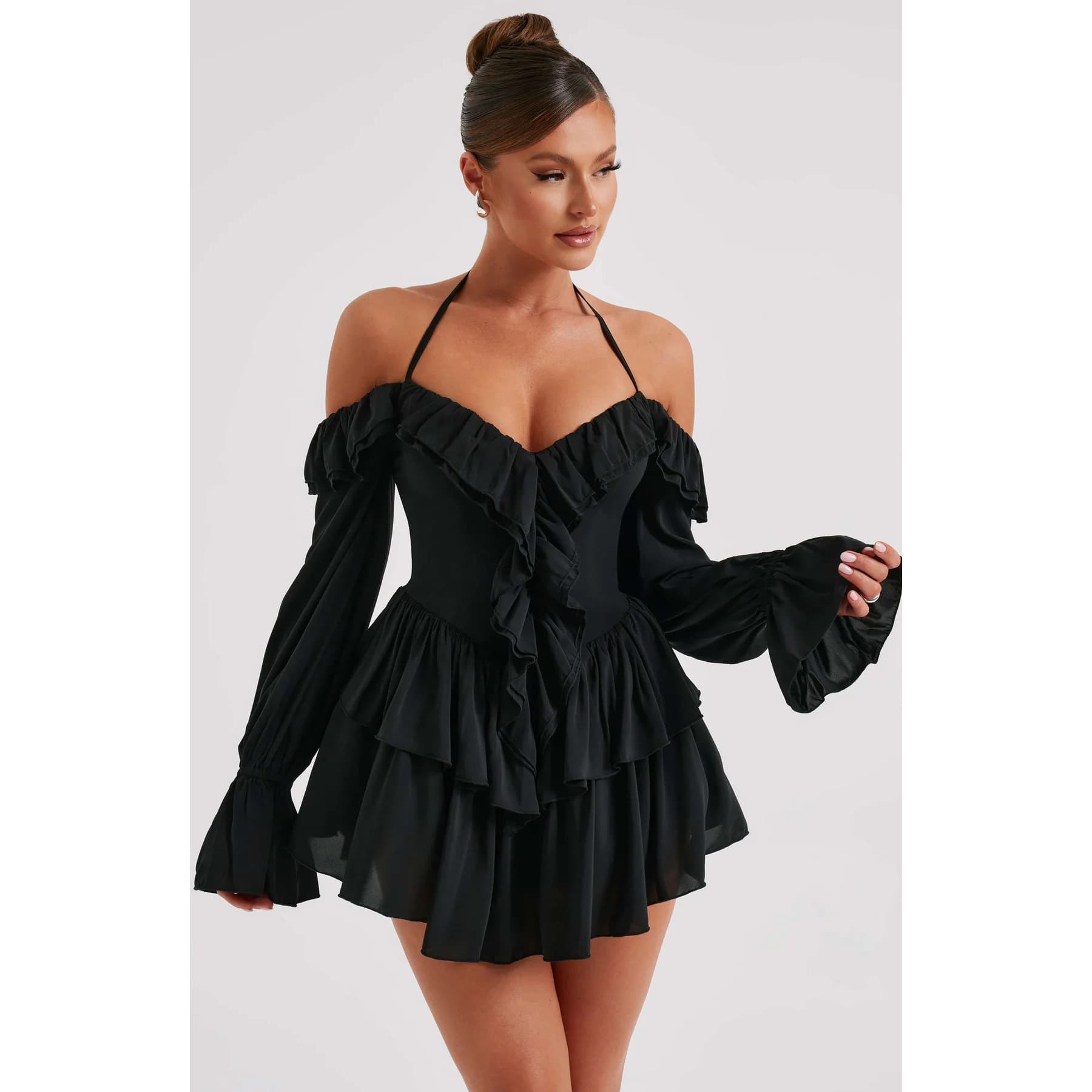 Amazon, Europe, US, AliExpress Cross-border Women's Dress with Ruffled Flounce Bell Sleeves, Halter Neck, Low Cut