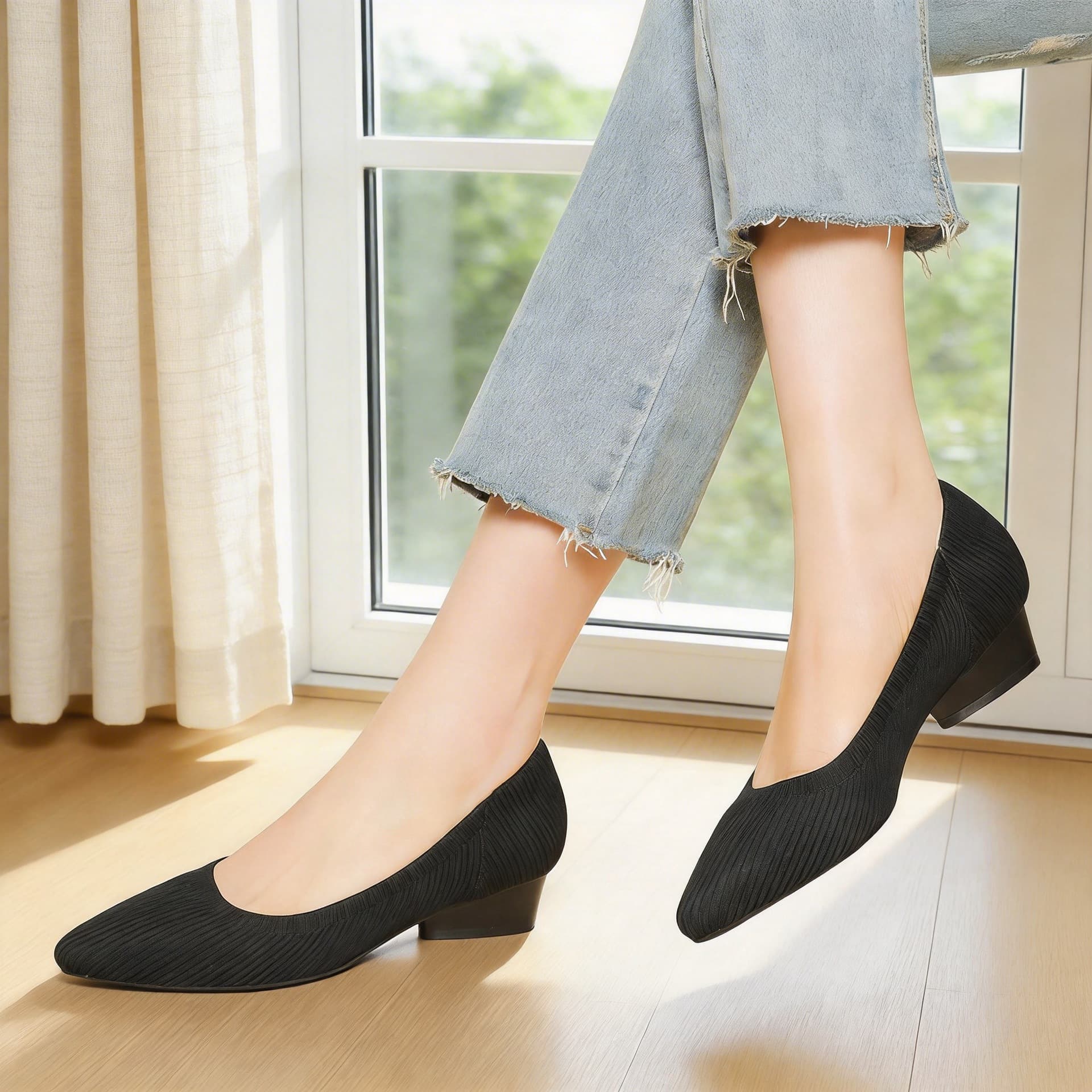 B35-3 Pointed Toe Shallow Fabric Heart-Shaped Chunky Heel Casual Large Size Striped Solid Color Knitted Low Heel Mid-Heel Shoes Low-Top