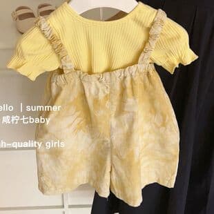 Girls Summer Korean Set Yellow T-Shirt + Dip-Dye Overalls Two-Piece Set Cute Sweet Girl Kids Trendy Cute