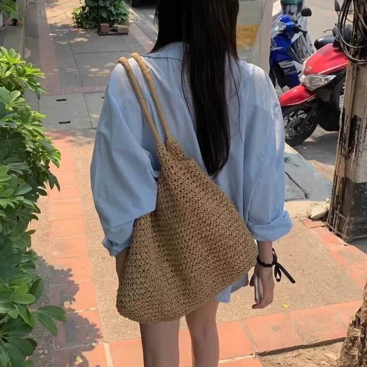 Lazy style vacation woven bag seaside beach straw bag straw bag large capacity casual shoulder bag tote bag for women