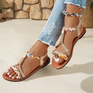 2026 New Bohemian Summer Open Toe Sandals Women Plus Size 36-43 Beaded Round Toe Sandals