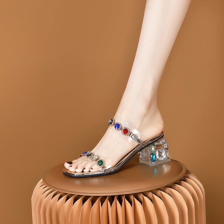 French Transparent Crystal High Heel Sandals for Women Summer Outdoor Rhinestone Square Toe One-Strap Chunky Heel Open Toe Slide Sandals