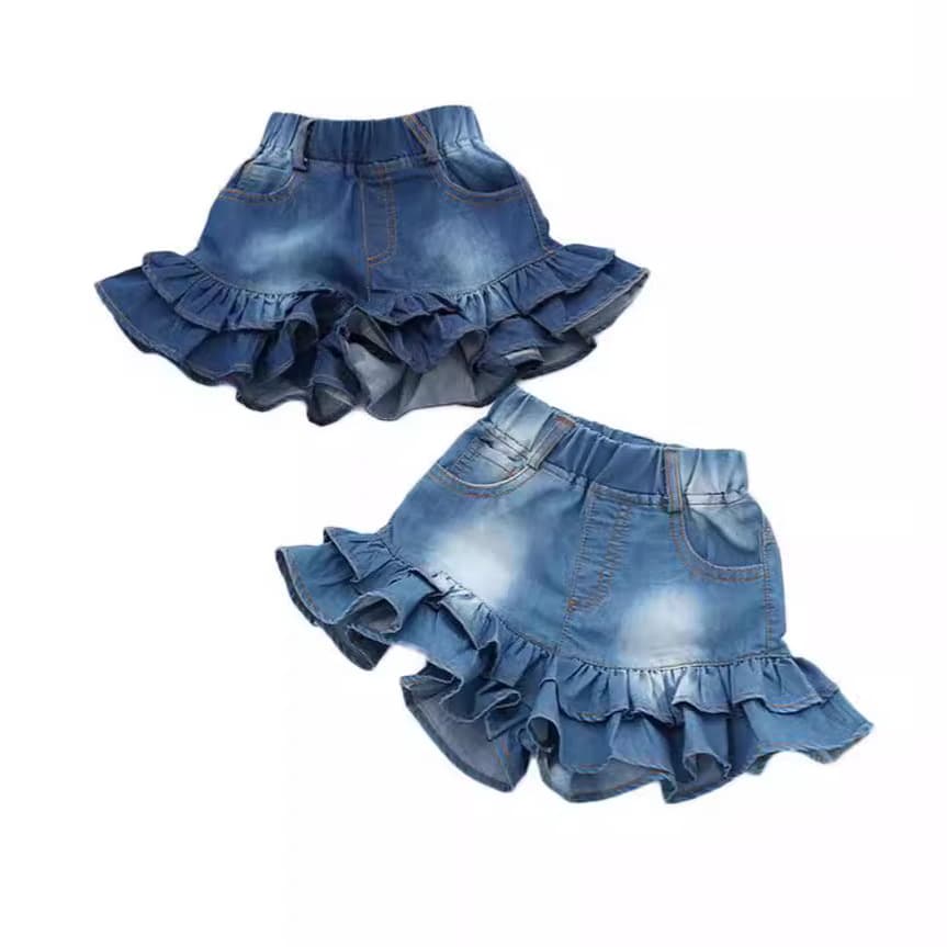 Girls' Denim Shorts Summer New Korean Style Children's Double-Layer Ruffle Edge Cute Girl Fashion Shorts Trendy