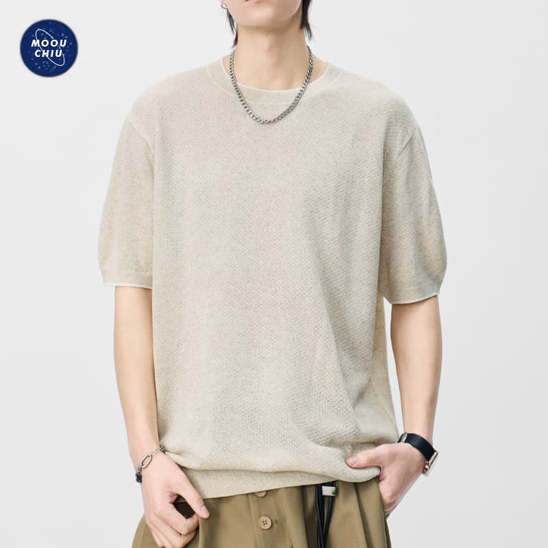 Muqiu Men's Wear ∣ Textured Lyocell Linen Knit Round Neck Short Sleeve T-Shirt Men's Vintage Loose Casual Top
