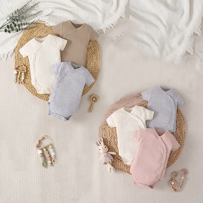 Ribbed Knit Summer Short Sleeve 0-9M Cotton Bodysuit Short Sleeve Onesie Solid Color Baby Romper Three-Piece Set