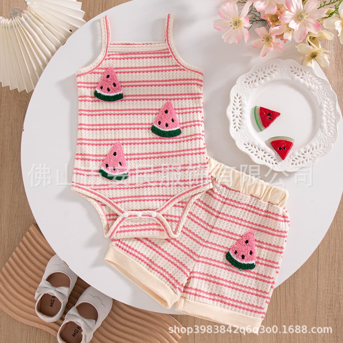 Summer baby girl's cute pink striped watermelon camisole jumpsuit & loose and comfortable shorts set