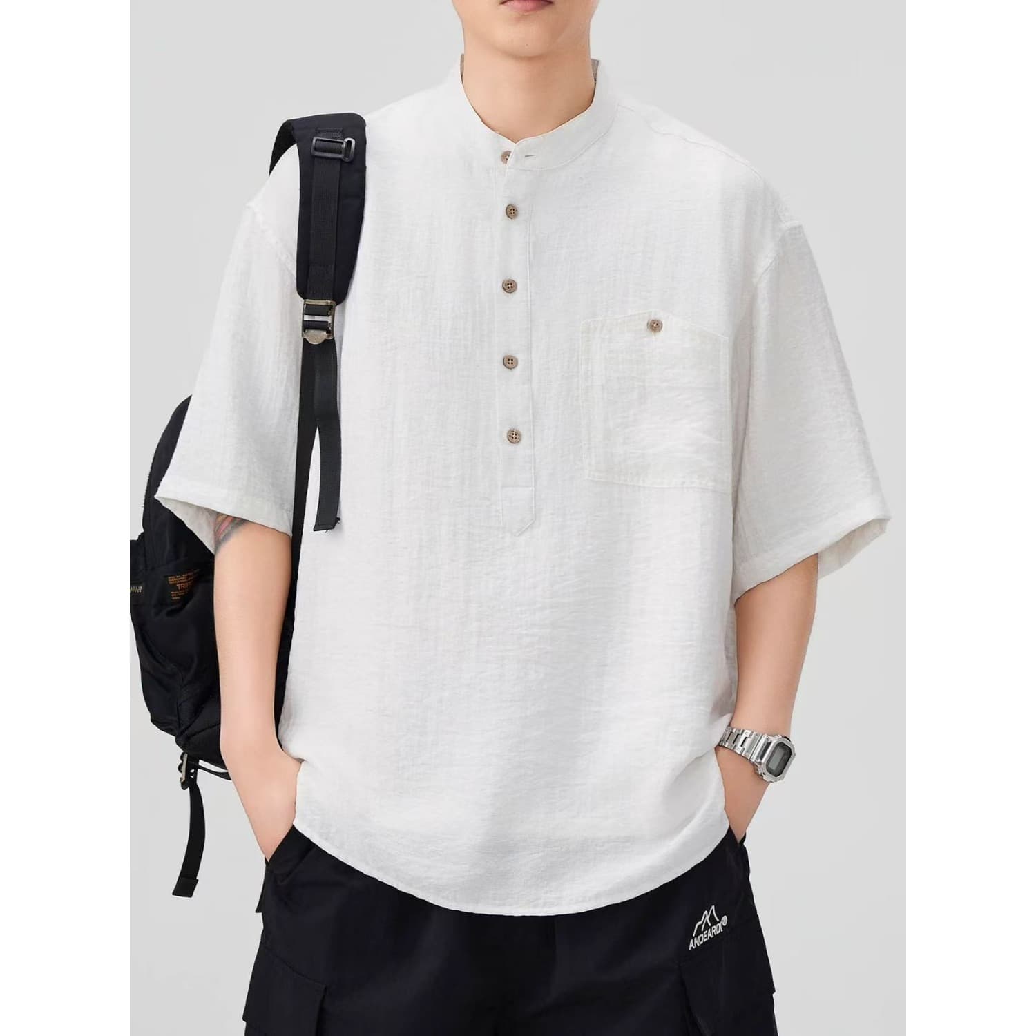 Lightweight Breathable Short-Sleeve Linen Shirt Men's Artistic Casual Loose Top Thin Stand Collar Cotton Linen Shirt