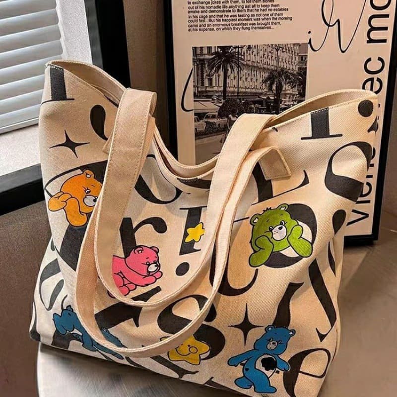 Student Canvas Bag Women Large Capacity Tote Commuter Bag Versatile Printed Mommy Bag Handbag Shoulder Bag Shopping Bag Women