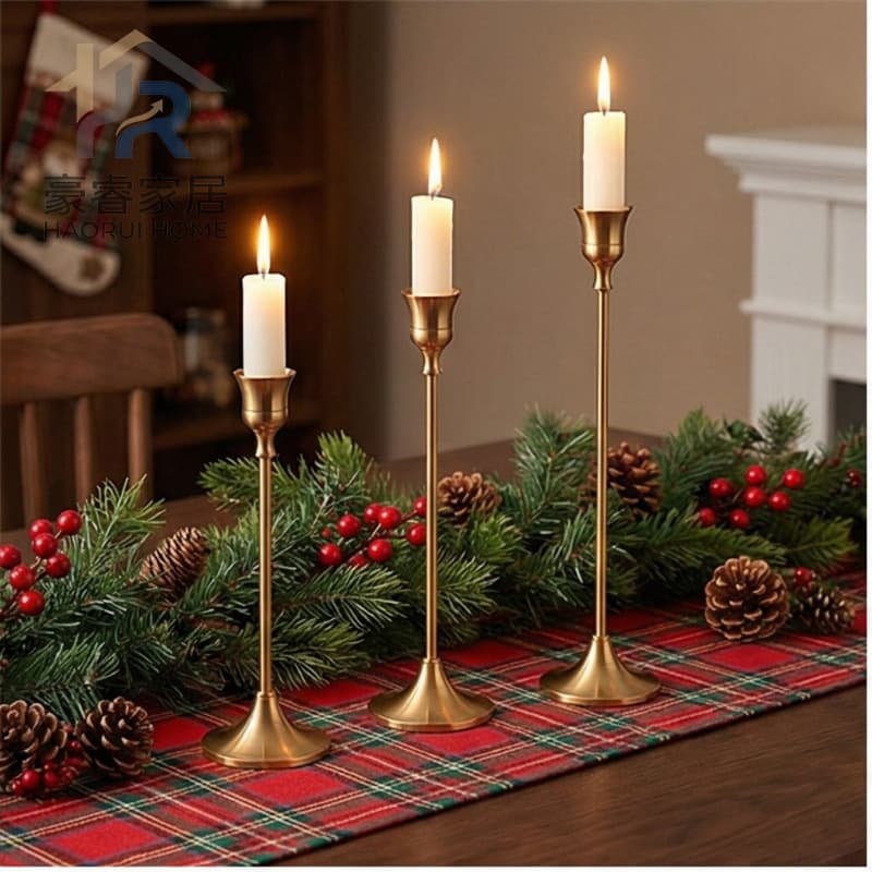 Cross-border wholesale electroplated aluminum candle holder, rust-resistant antique brass color, Christmas wedding decoration ornament set, ins style