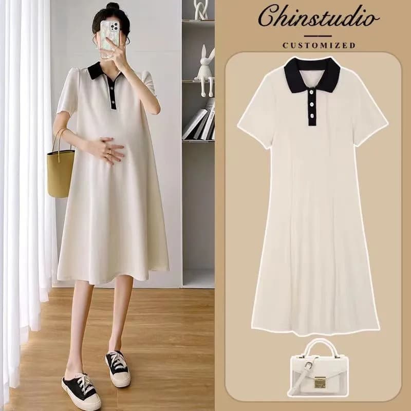 Summer Short Sleeve Polo Dress for Pregnant Women, Comfortable Casual Vintage Style Bell Bottom Skirt Long Dress, Polyester Fabric
