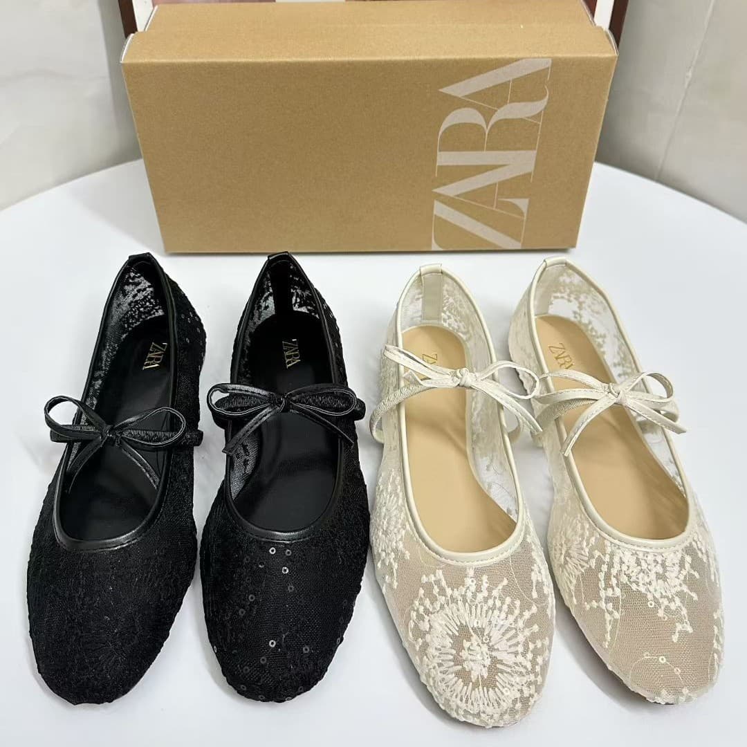 ZA French Style Gentle Evening Shoes for Women 2025 New Spring Summer Mesh Breathable Square Toe Mary Jane Flats