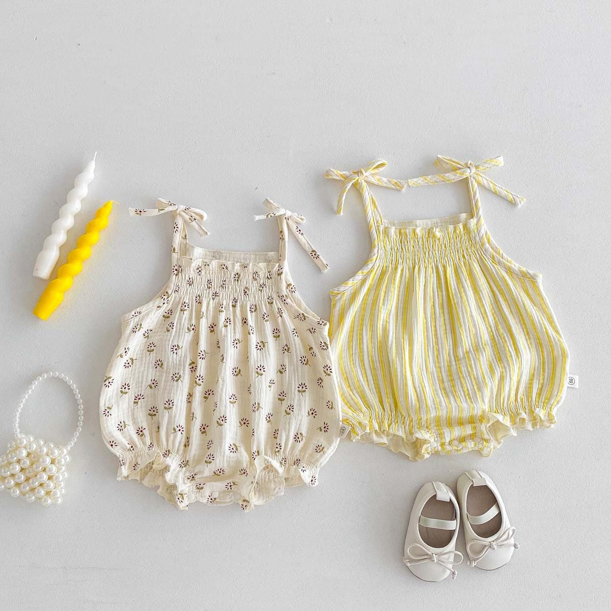 Summer Korean Baby Thin Strap Bodysuit, Newborn Girl Sweet Floral One-Piece Outfit