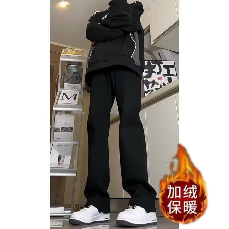 Autumn/Winter Fleece-Lined Black Men's Pants, Raised Crotch High-Waist Jeans, American High-Street Straight-Leg Curved Blade Micro-Flare Pants