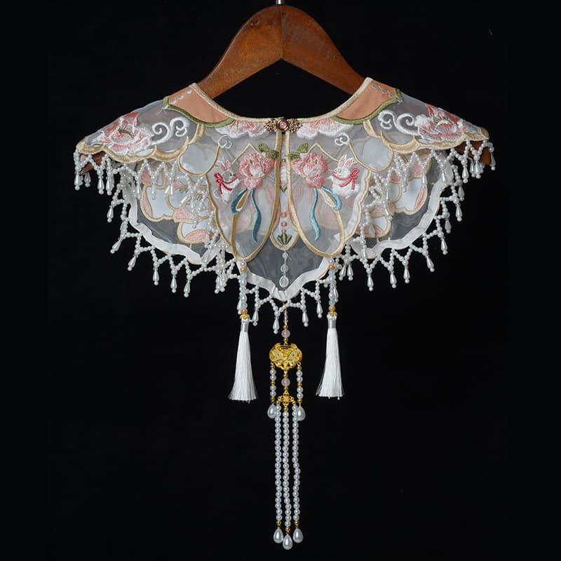 Traditional Hanfu Cloud Collar with Hairpin Flowers Shawl Cape, Pearl Tassels, Heavy Embroidery, Ancient-style Horse-face Skirt, Detachable Collar