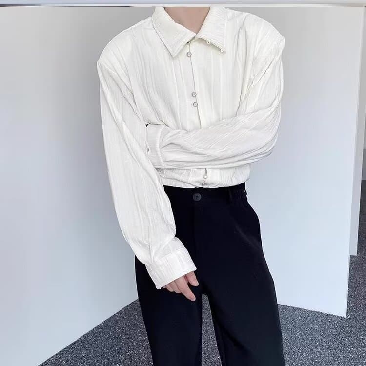 2024 autumn and winter new style personalized pleated retro Chinese black shirt men's long-sleeved design casual tops trendy