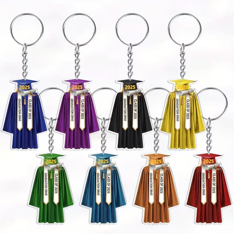 2D Flat Graduation Season Colorful Mortarboard and Gown Keychain Set 8-Pack for Graduates