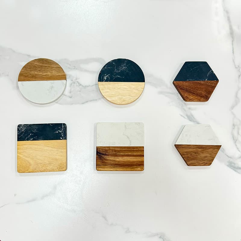 Marble-Inlaid Wood Coasters, Acacia Wood Round and Square Coffee and Tea Heat-Resistant Mats
