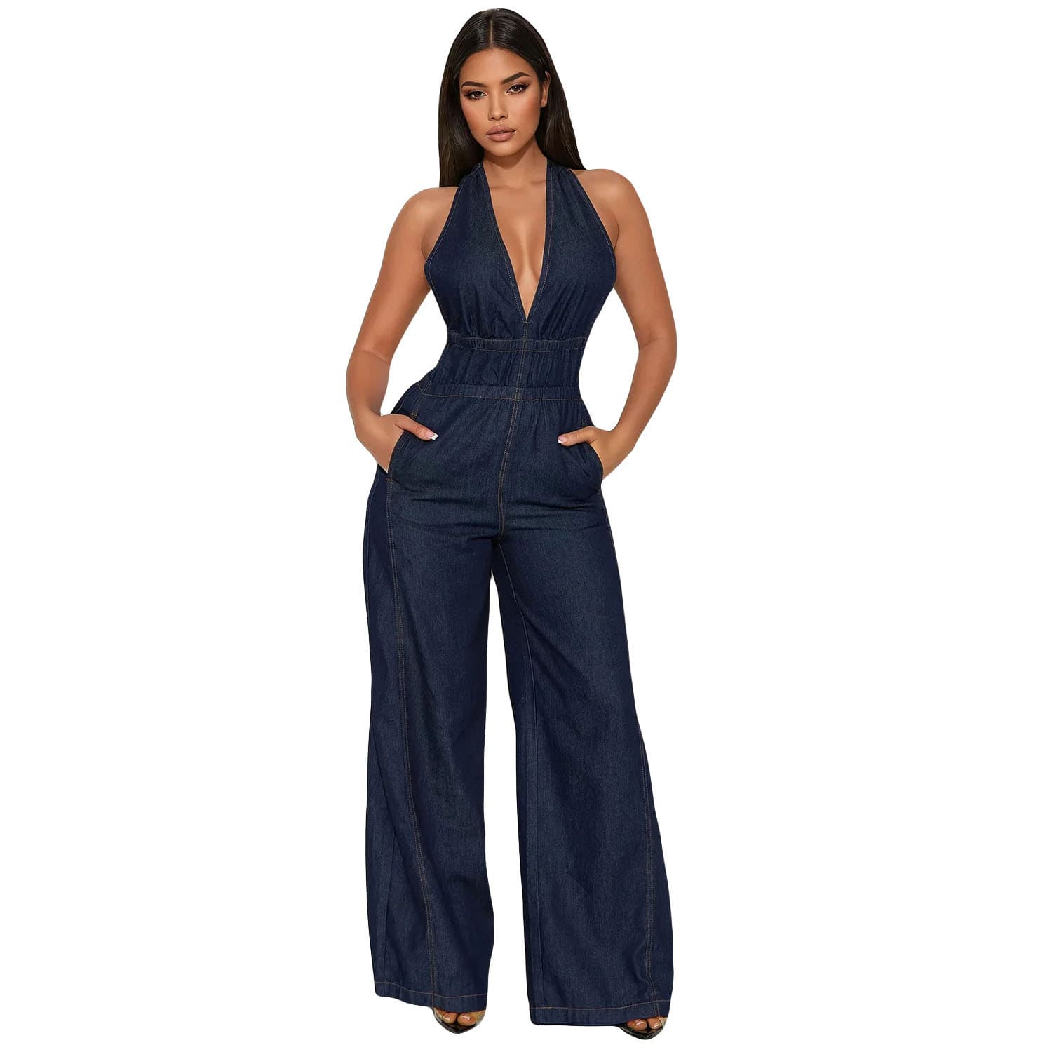 6078 Export to Europe and America Cross-border High-waist Washed Denim Jumpsuit Straight Loose Sleeveless Suspender Jumpsuit
