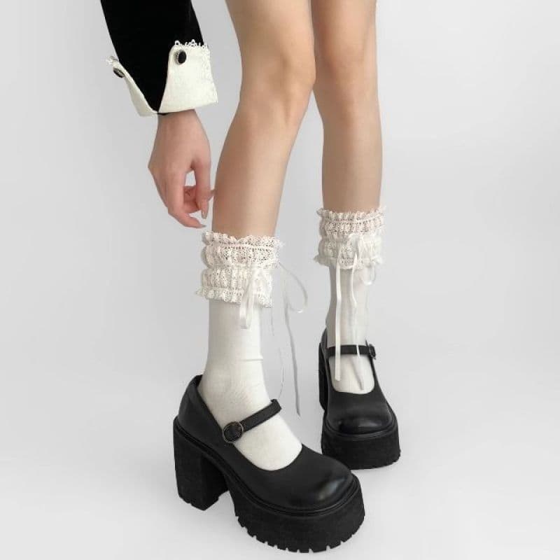 Lace Trim Japanese Style Sweet Ruffle Bow Socks for Girls, Mid-Calf Lolita Cute White
