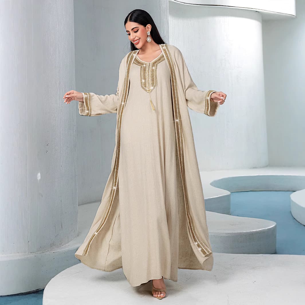 Limited Time Promotion BA5051 Beaded Embroidery Linen Two-Piece Set New Fashion Dress Cross-Border Export