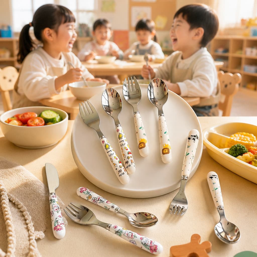 Ceramic Handle Kids' Cute Pattern 304 Stainless Steel Eating Spoon, Kindergarten Adorable Portable Knife Fork Spoon Set