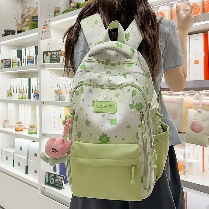 Hazy gradient flowers printed all over fresh matcha green backpack Korean style sweet girl atmosphere student party backpack