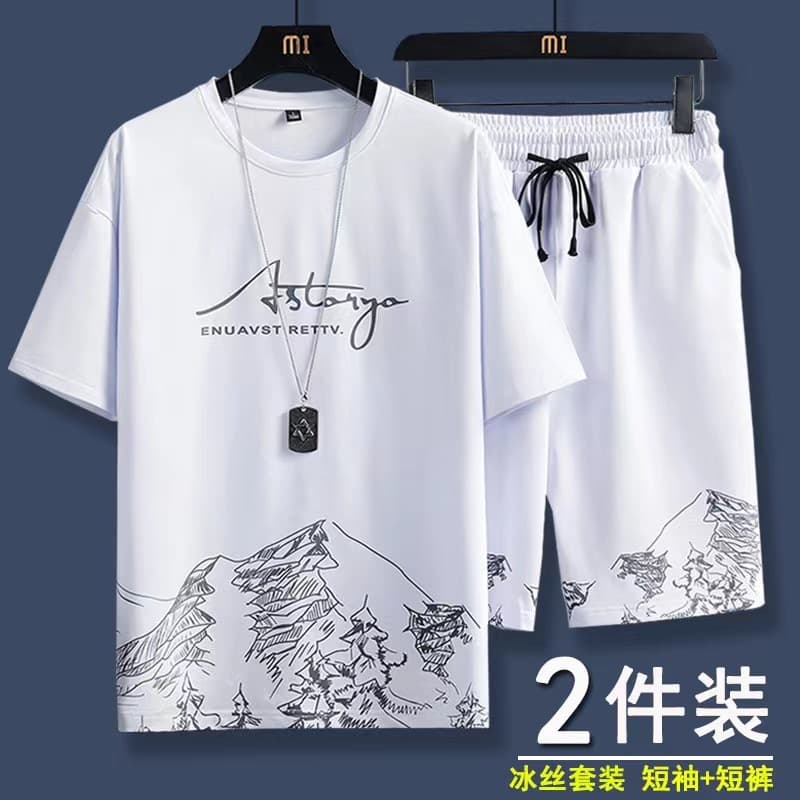 Men's Short Sleeve Summer Set, Trendy Ice Silk Quick-Dry Youth Casual Sports Top and Shorts, Gradient Thin Summer Wear