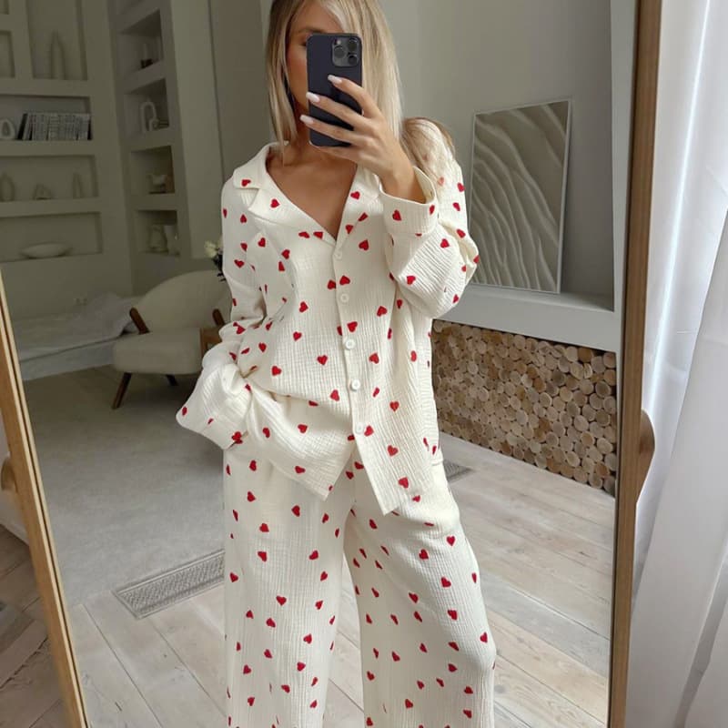 New Cross-Border Style Cream White Heart Print Soft Breathable Skin-Friendly Gauze Texture Lapel Long-Sleeve Long-Pants Pajama Set