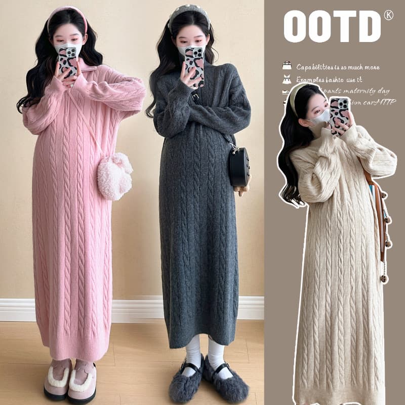 Maternity Wear Autumn/Winter Cable Knit Sweater Dress Semi-High Neck Zipper Lapel Straight Knit Pregnancy Dress