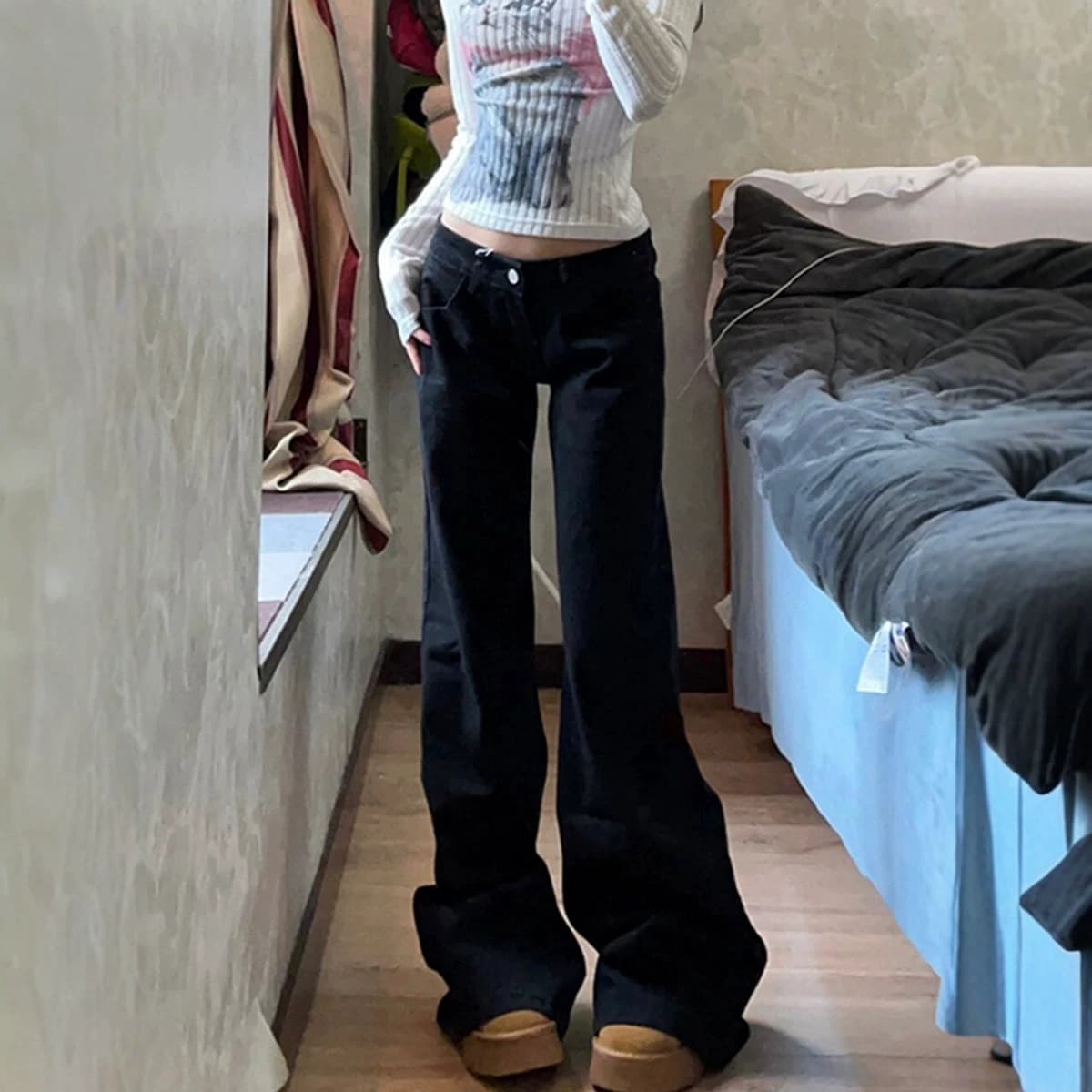 Black Premium Wide-Leg Flared Jeans for Women Spring/Fall New Style Loose Slim Fit High-Waist Bell-Bottom Pants