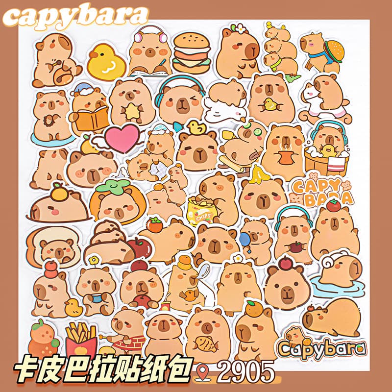 50-Piece Cute Sticker Pack, Capybara Panda Scrapbooking Stickers, DIY Cartoon Self-Adhesive Children's Decorative Stickers