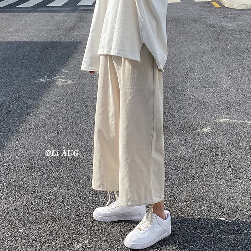 High Waist Wide Leg Pants Women's Cotton Linen Loose Fit Straight Leg High Waist Slimming Nine Point Cuffed Sports Pants