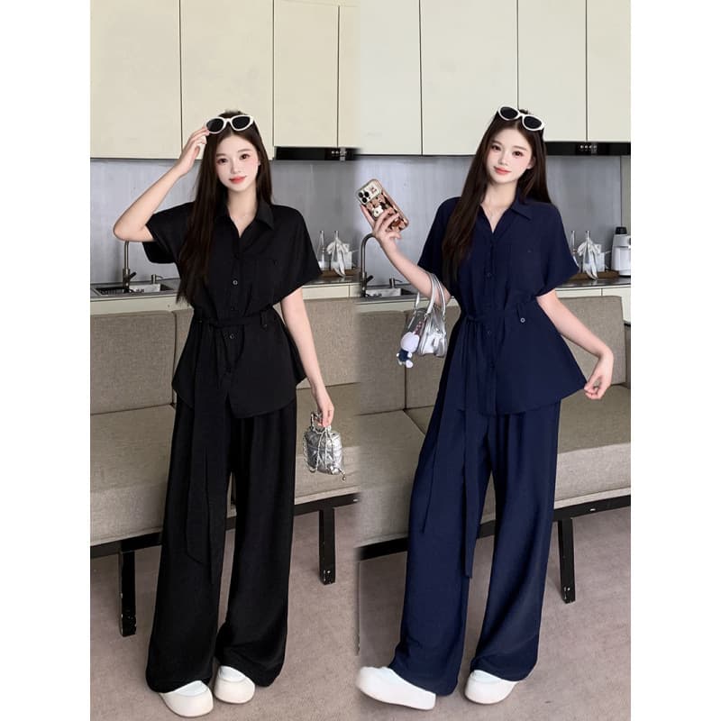 2025 Summer New Plus Size Elegant Tie Waist Blouse + Wide Leg Pants Set for Curvy Women