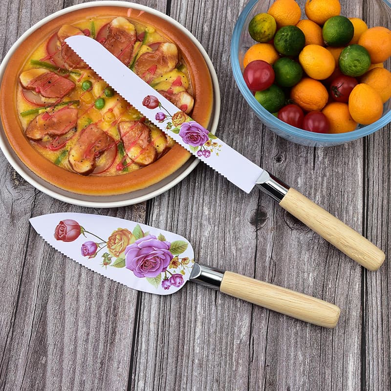 Stainless Steel Printed Serrated Pizza Cutter Shovel Household Bread Knife Two-Piece Baking Tool Wooden Handle Cake Spatula Direct Supply
