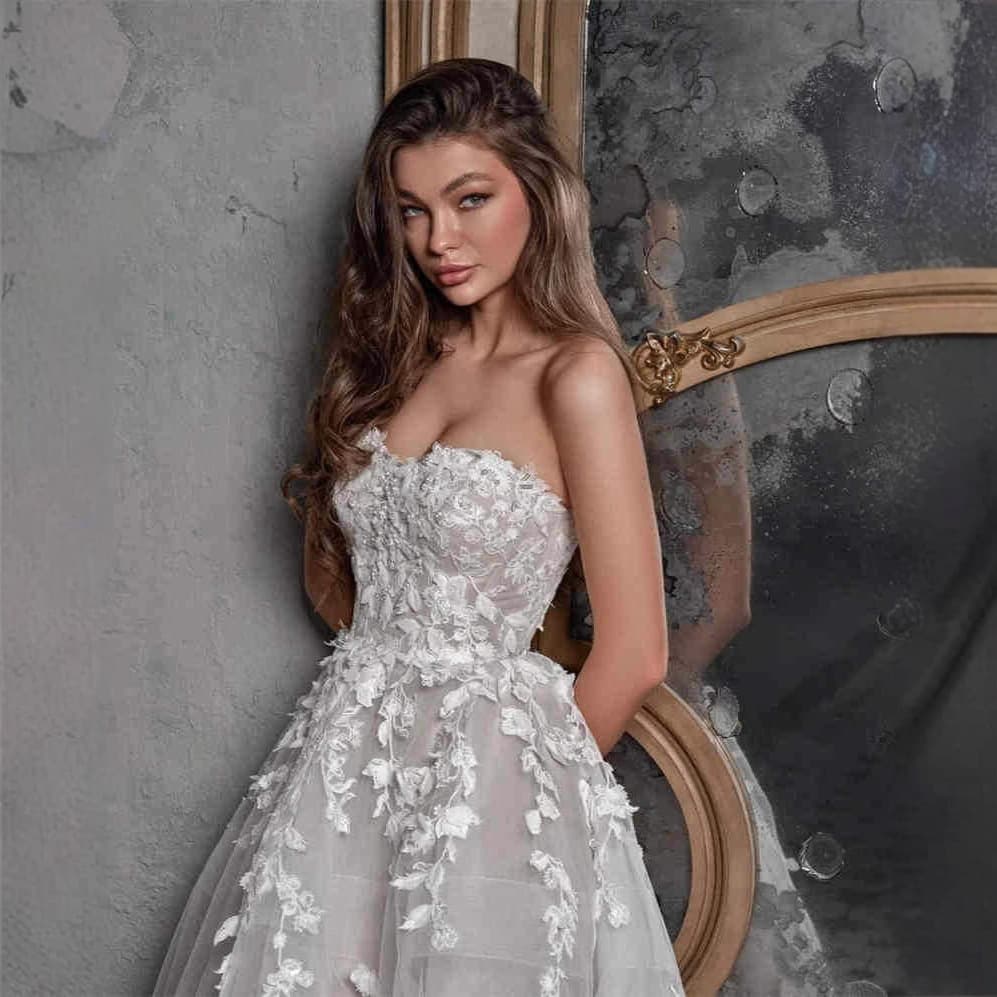 Cross-border tube top wedding dress lace appliqué high-end AliExpress dress A-line long skirt bride photo dress