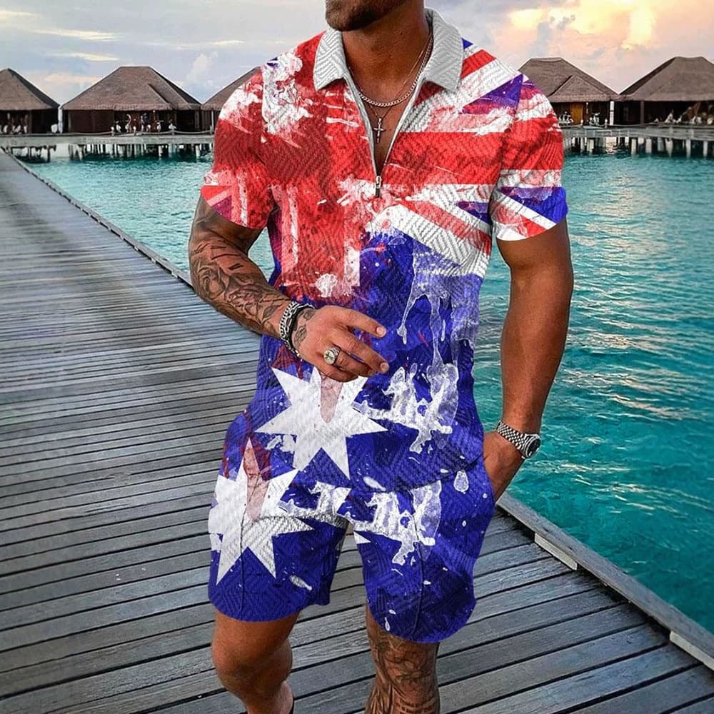 Summer Cross-Border Fashion Zipper Polo Shirt Set Men's Casual 3D Printed Polo Shirt Beach Shorts 2-Piece Set