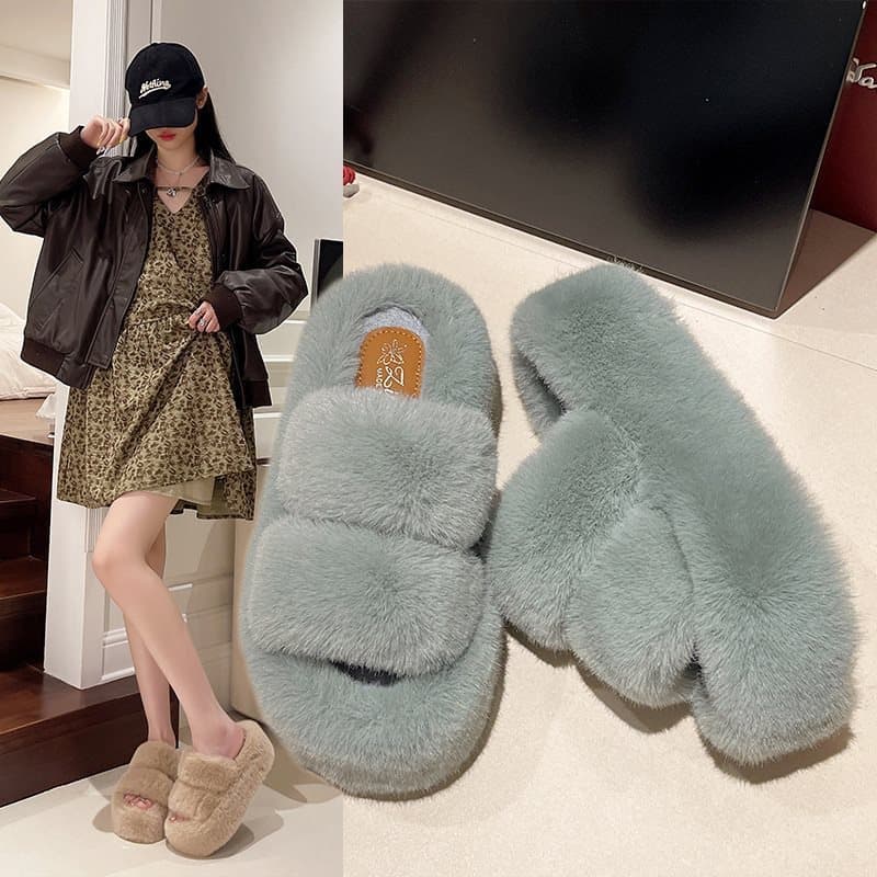 Yizizi New Fuzzy Slippers for Women Outdoor Slippers Fashion Versatile Platform Thick Sole Plus Size 2025 Cotton Korean Style Low Wedge