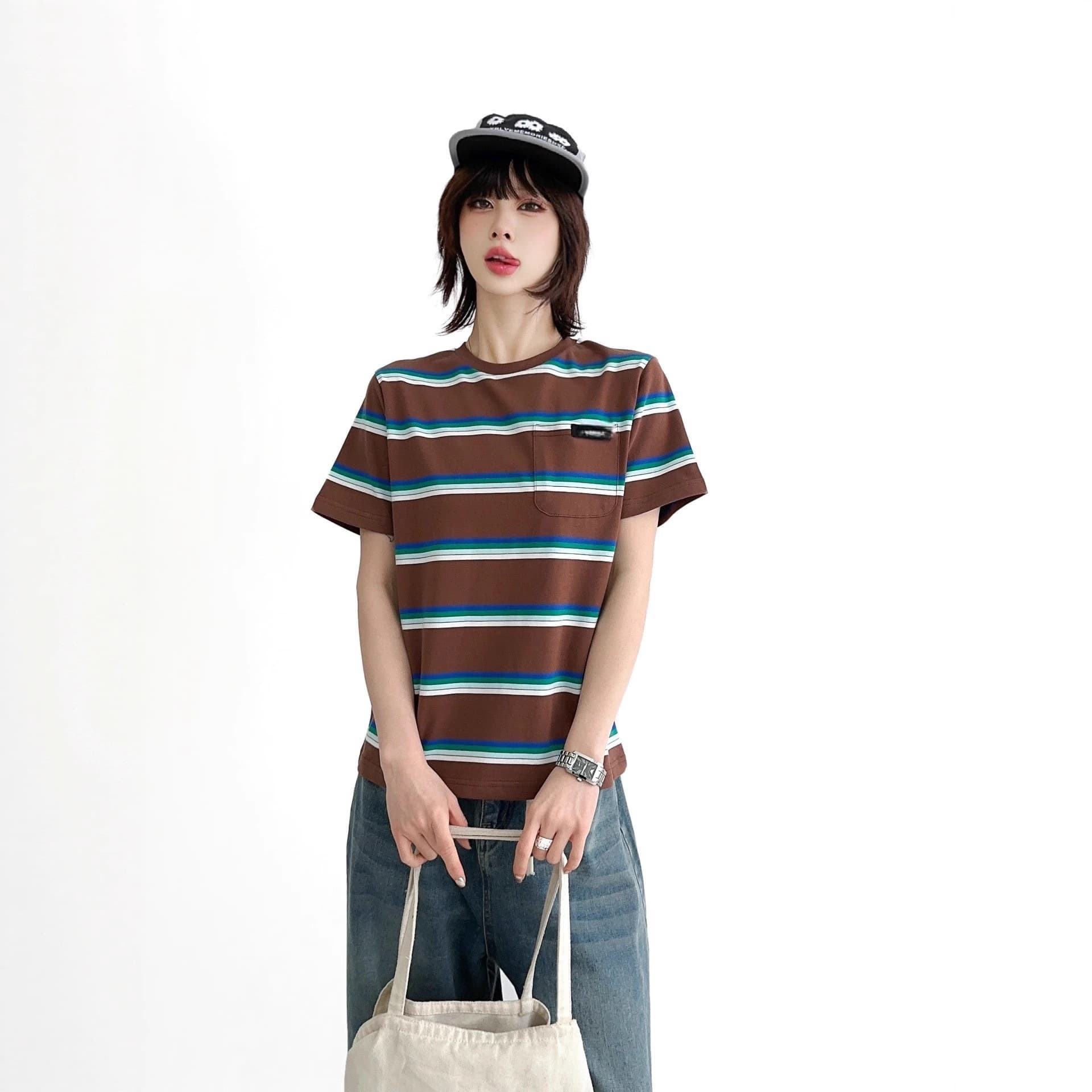 Miumiu Women's Limited Edition Couples Round Neck T-Shirt Summer Dopamine Striped Color-Block Knit Short Sleeve