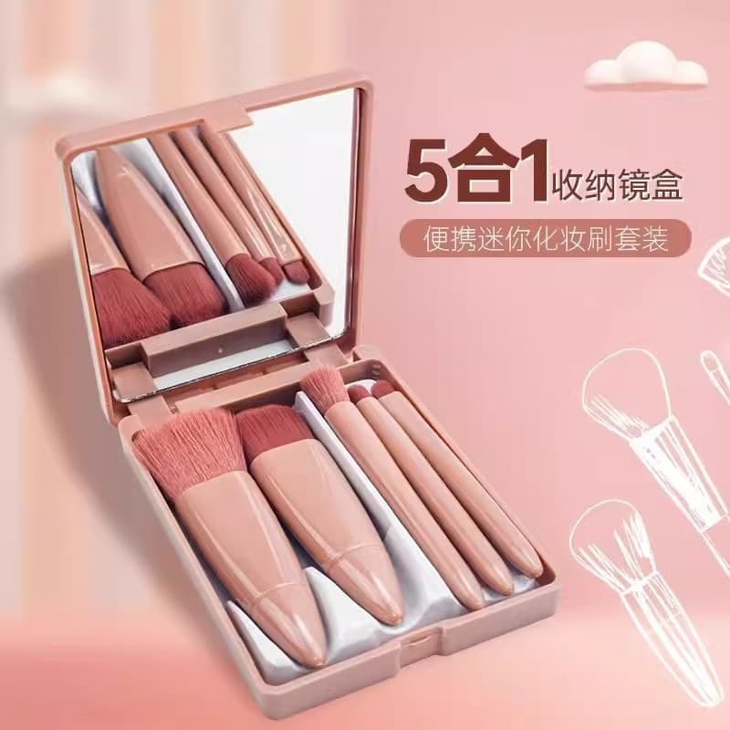 Cross Border Travel 5-Mirror Box Makeup Brush Set Multi-Function Powder Brush Blush Brush Mini Small Mirror Makeup Brush