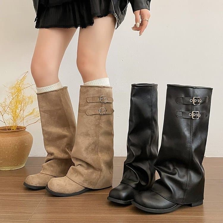 Maillard Retro Knee-High Trendy New Export Round Toe Thick Platform Chunky Heel Tube Boots Cowboy Boots for Women