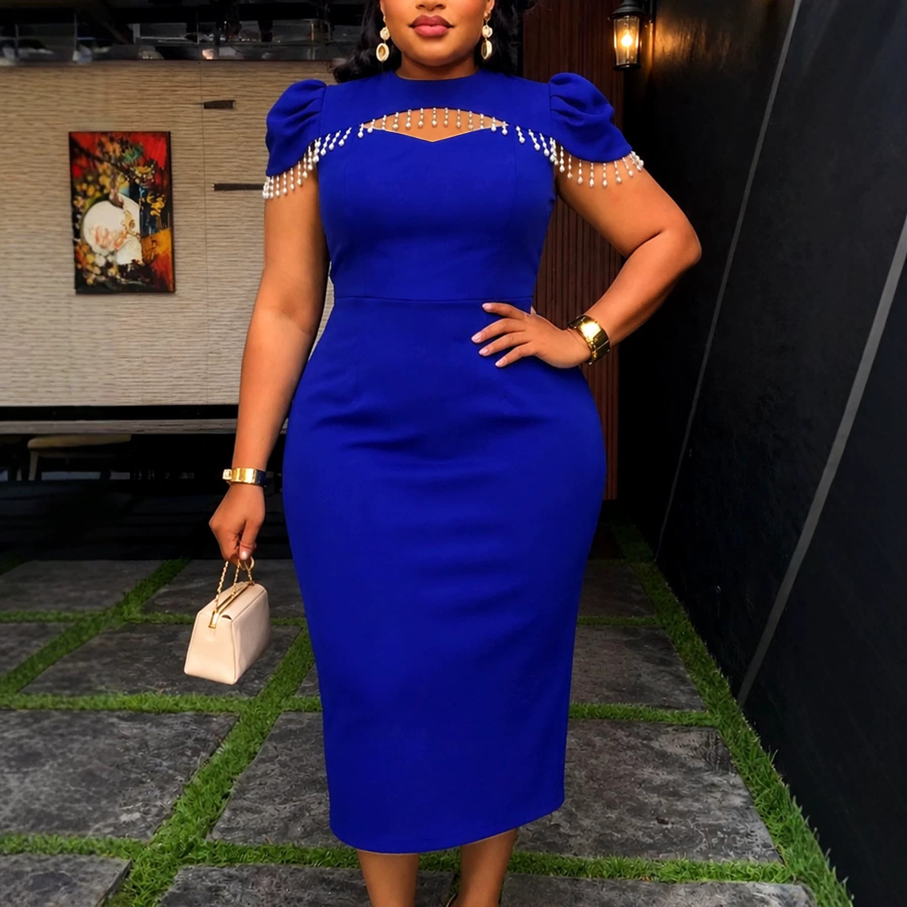 Plus Size Women's Hollow-Out Beaded Dress with Puff Sleeves, Waist-Tightening, Slimming, Elegant Banquet & Commute Bodycon Dress