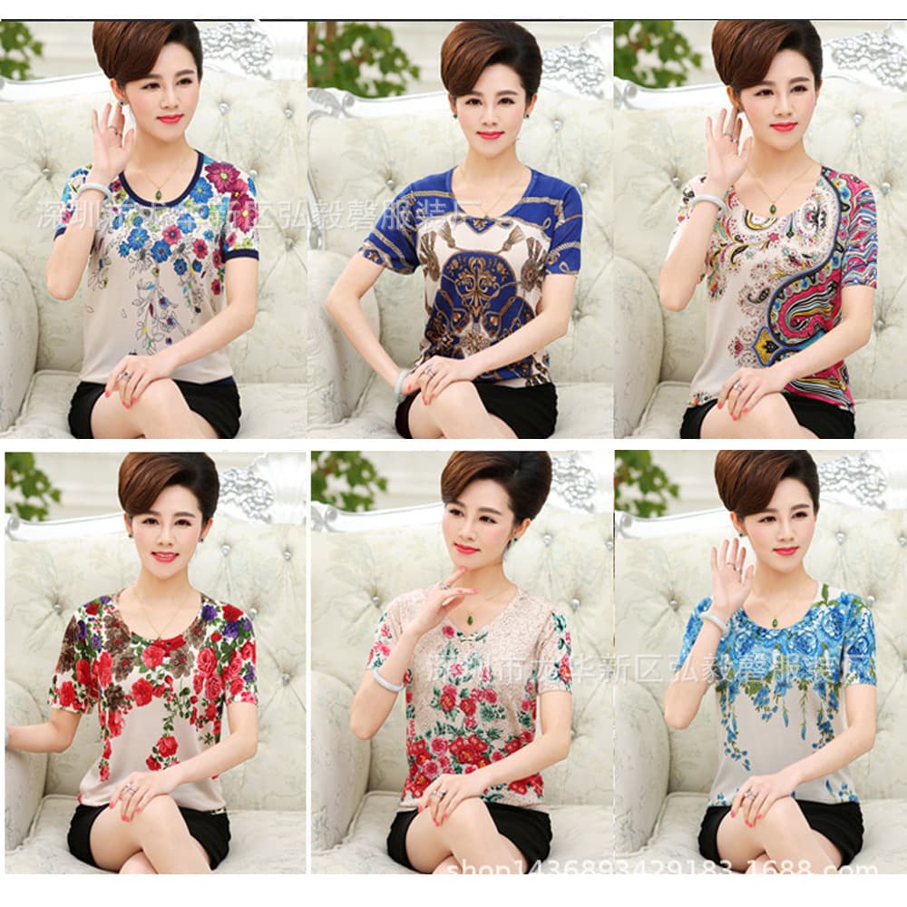 Summer middle-aged and elderly women's T-shirt wholesale, mother's ice silk cotton short-sleeve T-shirt, 1688 cheap street stall source