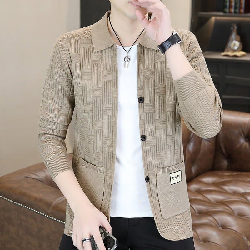 Men's Knitted Cardigan Jacket Fashionable Turn-down Collar Button-up Sweater Striped Slim-fit Autumn/Winter Men's Clothing