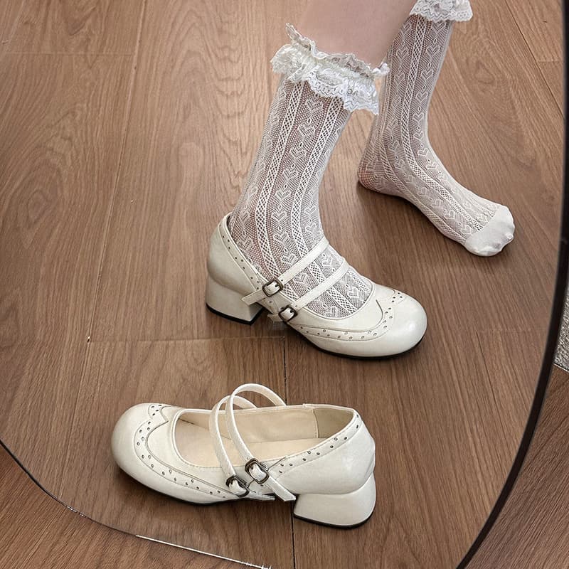 Shi double buckle new small leather shoes Mary Jane shoes women's single shoes French heel shallow mouth thick heel autumn round toe 2026 belt