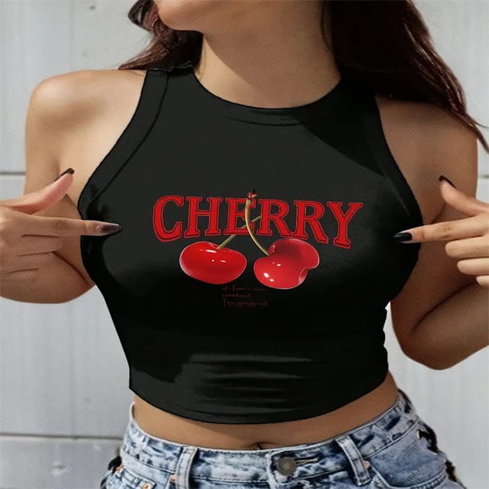 Sexy American Style Crop Top Vest for Girls Short Sleeve Round Neck Letter Print Casual Summer Fashion Polyester Material