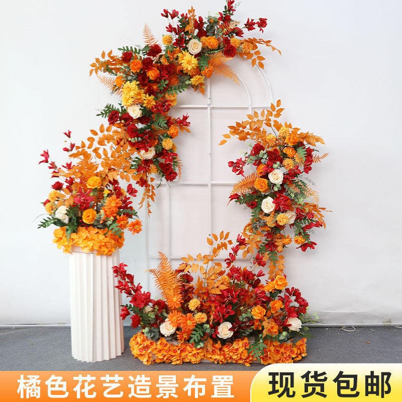 Orange Artificial Flower Arrangement for Wedding Decoration, Orange Floor Flower Art, Orange Flower Aisle Guide, Hanging Flowers