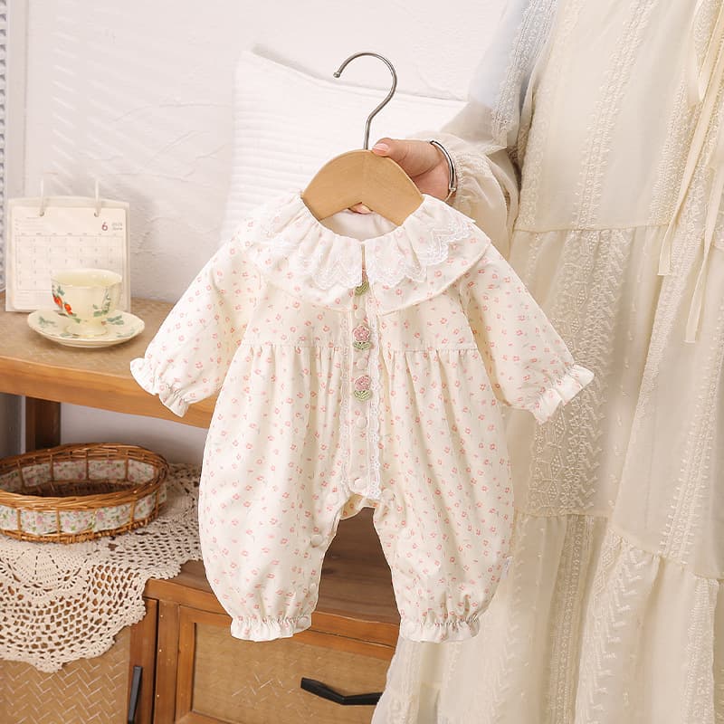 Autumn Double-Layer Pink Ruffle Flower Doll Collar Bodysuit Romper Crawling Suit Full Moon Outing Baby Infant Toddler Clothes